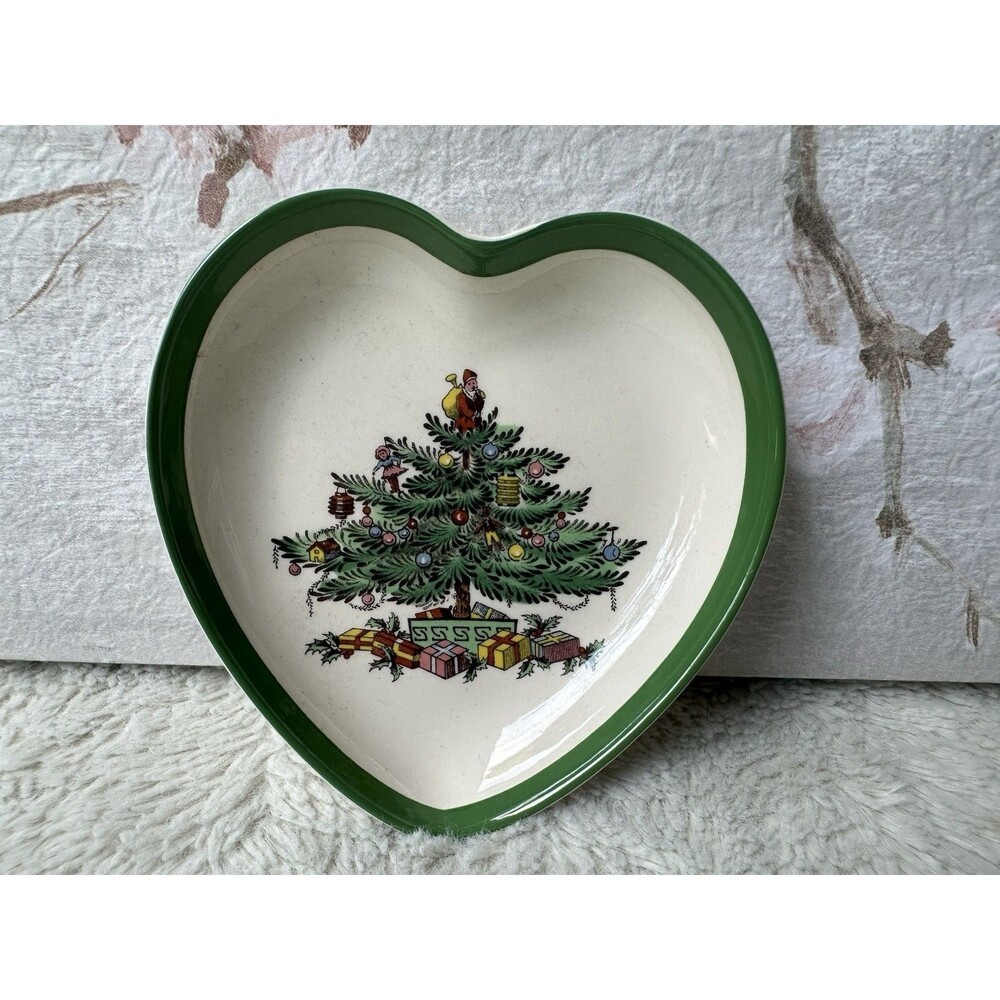 Vintage Spode England Christmas Tree Heart Jewerly Ring Trinket Dish EUC